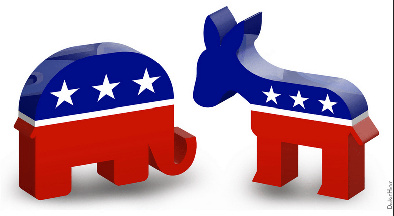 3D depiction of an elephant and donkey signifying the Democrat and Republican parties.