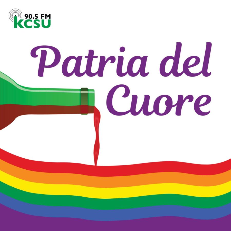 A bottle of red wine is being poured symbolically into a rainbow pride flag