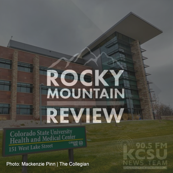 Decorative logo design for the Rocky Mountain Review featuring a photo of the CSU Health and Medical Center building