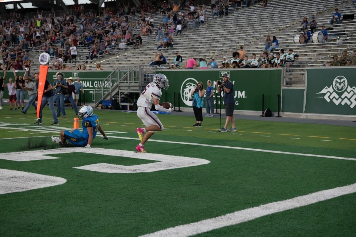 Wellington receiver Cash Altschwager catches the touchdown that brought the Eagles within one point in the fourth quarter during the Canvas Classic local high school football rivalry games on Friday, Sept. 27, 2024 at Canvas Stadium in Fort Collins, Colo. Credit: Garret Mogel 